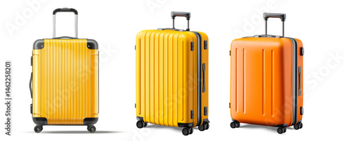 Vector illustration of three hard-shell rolling suitcases in vivid yellow and orange colors with telescopic handles, realistic travel luggage set isolated on white background.