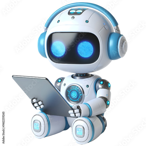 3D CUTE Ai robot using tablet isolate on White background