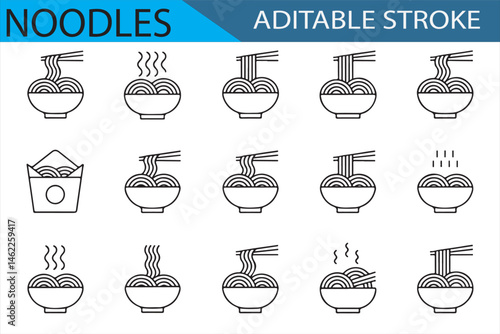 Minimalist Noodle Bowl Icons Set with Editable Stroke for Culinary Designs