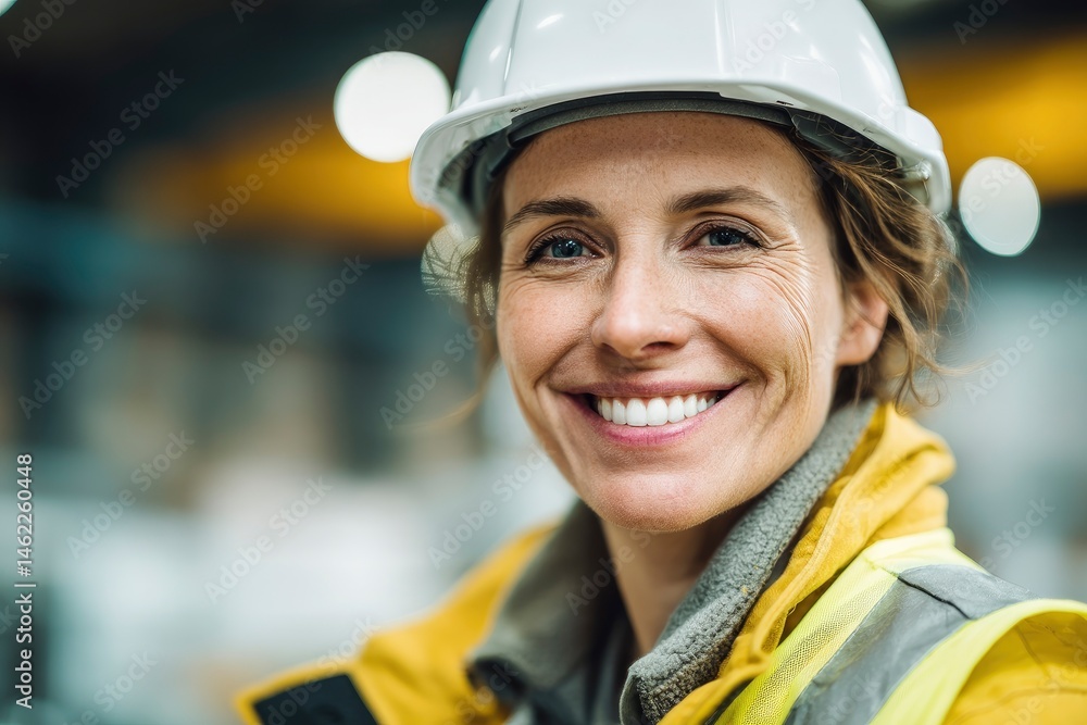 Woman Wearing Hard Hat and Safety Vest Smiling Woman Wearing Hard Hat and Safety Vest Smiling