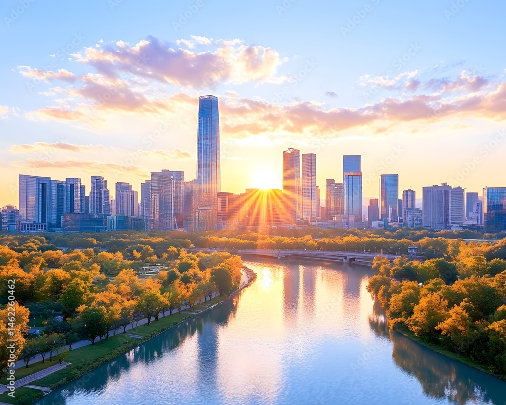 Obraz premium Sun rays burst over a cityscape at sunset, reflected in a calm river winding through autumnal parkland