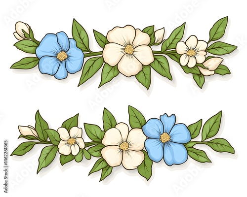 Two elegant floral arrangements featuring creamy white and light blue blossoms with green leaves