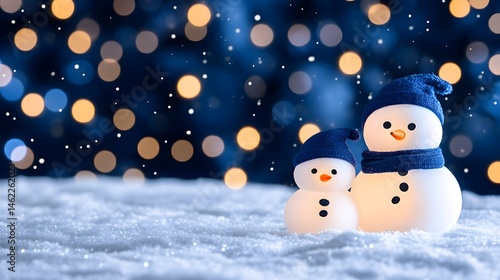 Wallpaper Mural Two illuminated snowmen in blue hats and scarves stand on snow against a bokeh background of warm lights and falling snowflakes Torontodigital.ca