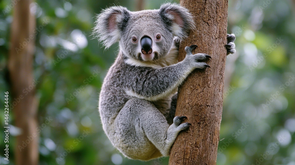 Obraz premium Grey koala clinging to tree trunk