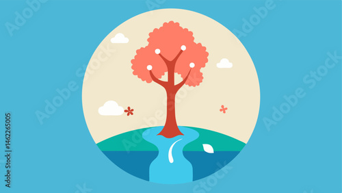 Nature Rewind Theme Create a circular composition featuring a tree with falling blossoms. The blossoms are illustrated as floating upward instead of falling to the ground. In the