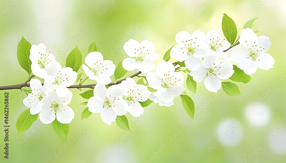 Obraz premium Delicate white blossoms on a branch against a soft green backdrop