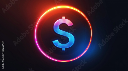 Futuristic neon dollar sign glowing in circular design, symbolizing wealth and finance, with vibrant colors creating modern aesthetic