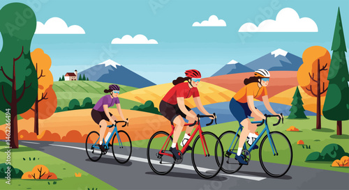 Adobe Illustrator Artwork vector flat illustration of three women cycling on a scenic country road with mountains in the background. Promotes healthy lifestyle, outdoor activity, and fitness