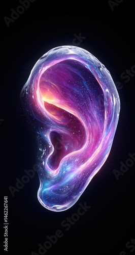 Abstract Glowing Ear Design in Cosmic Purple Pink and Blue Colors with Black Background Digital Art Modern Conceptual Artwork