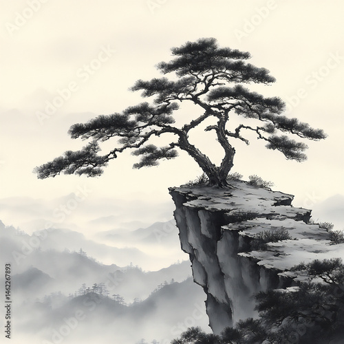 sheer cliff and deep valley ink wash