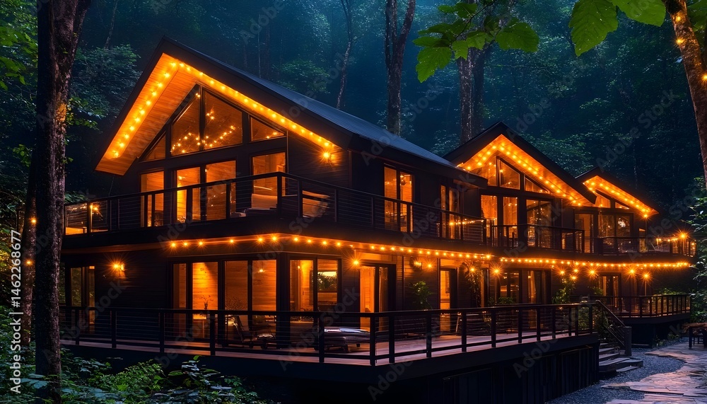 Fototapeta premium Illuminated forest cabins with expansive decks, large windows, and warm lighting