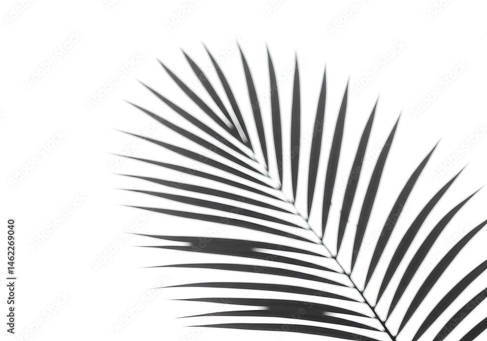 Fototapeta premium A grayscale image featuring a palm leaf with sharp fronds against a stark white background corner view