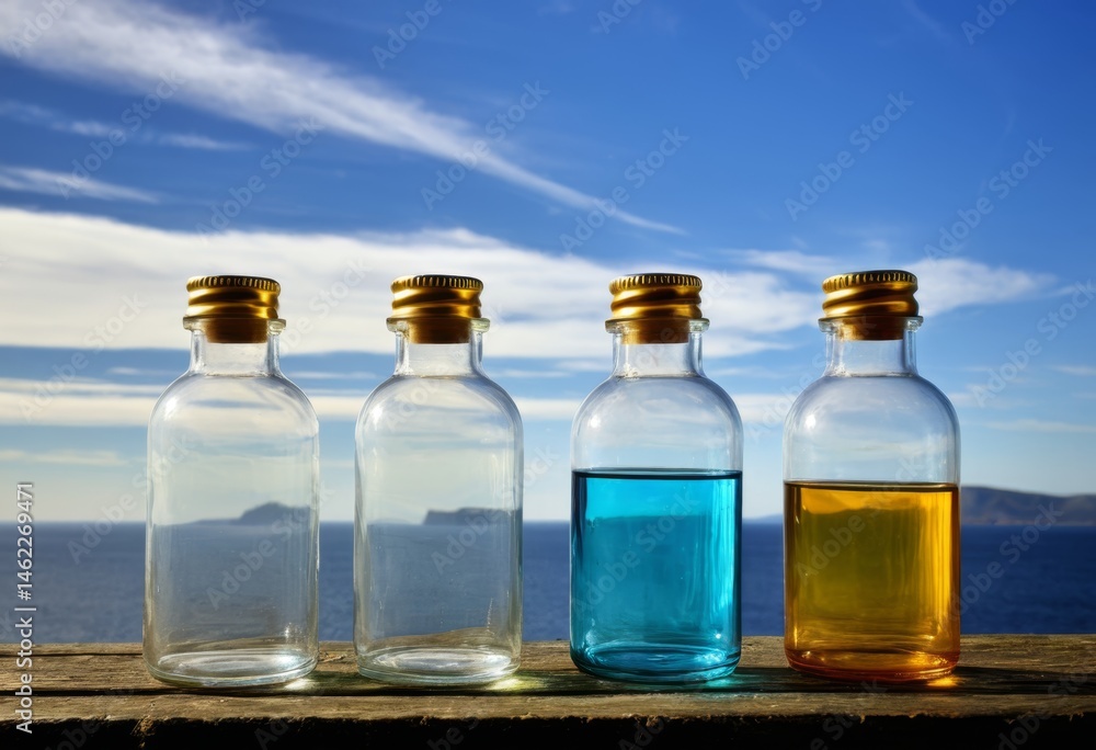 Three bottles of different colors sat on a wooden table Three bottles of different colors sat on a wooden table