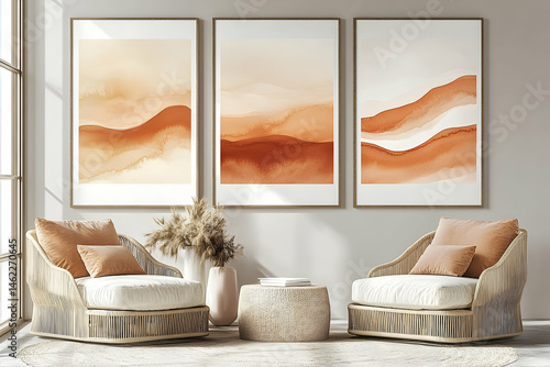 Three abstract art pieces depicting earthy tones.
