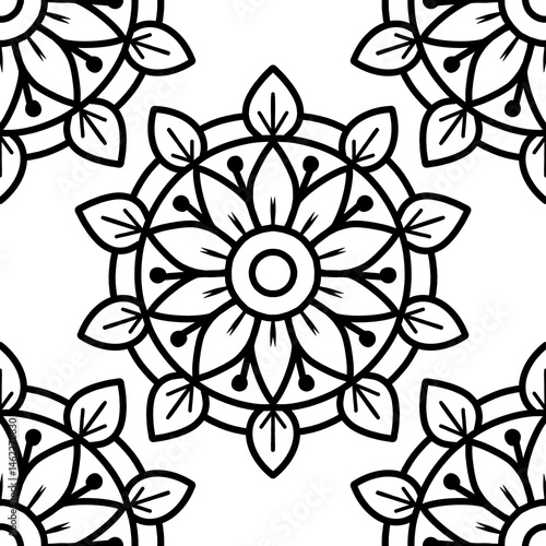 Black and white flower mandala tile art, repetitive and simple art