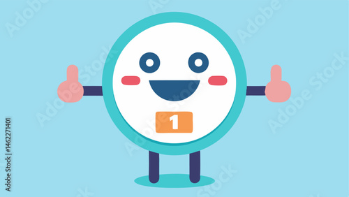 Friendly Reminder A digital clock display showing bright numbers in the center. The clock has a friendly face complete with rosy and a playful wink. It holds up a large thumbsup