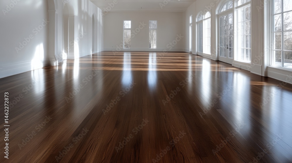 Fototapeta premium Polished hardwood floors in a spacious interior. Sunlight streams through large windows, reflecting on the gleaming, dark-toned wood