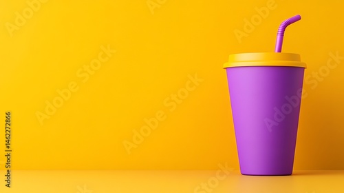 Purple cup with yellow lid and straw sits against a bright yellow background, casting a soft shadow.