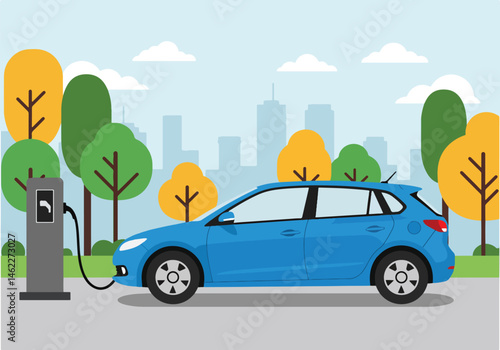 Adobe Illustrator Artwork Eco-friendly vector flat illustration of a green electric car charging at a station in a park. Symbolizes sustainable transportation, ecology, and a clean environment