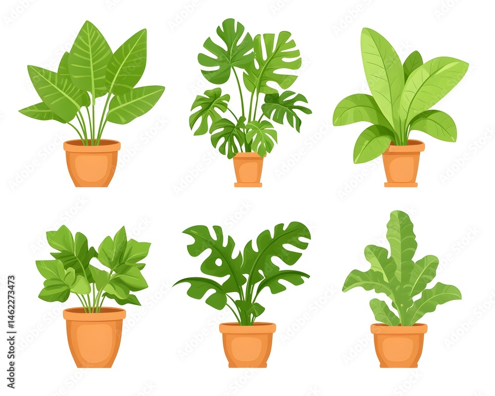 Six potted tropical houseplants in terracotta pots, diverse foliage Six potted tropical houseplants in terracotta pots, diverse foliage
