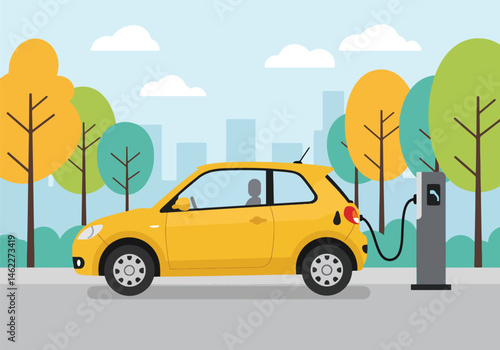 Adobe Illustrator Artwork Eco-friendly vector flat illustration of a green electric car charging at a station in a park. Symbolizes sustainable transportation, ecology, and a clean environment