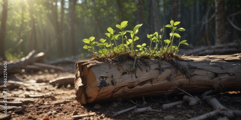 Fototapeta premium New sapling sprouts from decaying log, sunlight dappled, stump, regeneration