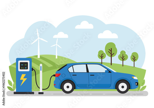 Adobe Illustrator Artwork Vibrant vector flat illustration of a electric car charging with wind turbines and green trees in the background. Symbolizes clean energy, ecology, and sustainable transport