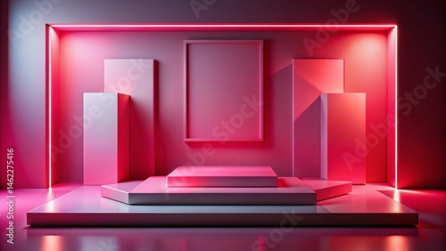 Minimalist Geometric Pink & Red Stage Set: Square Wall 3D Render