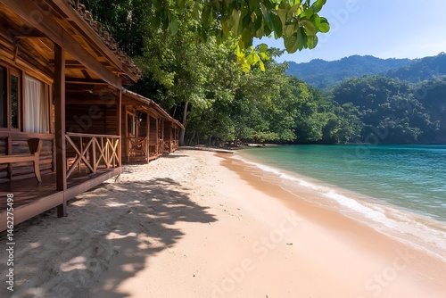 Wallpaper Mural Tropical beach bungalows nestled on a pristine, sandy shore, offering tranquil escape with lush greenery and calm turquoise waters Torontodigital.ca