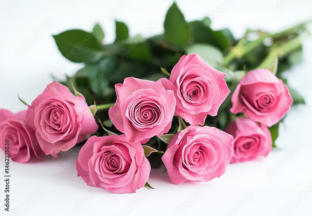 Beautiful Arrangement of Fresh Pink Roses with Lush Green Leaves Perfect for Celebrations, Gifts, or Floral Decorations in Bright Natural Light Beautiful Arrangement of Fresh Pink Roses with Lush Green Leaves Perfect for Celebrations, Gifts, or Floral Decorations in Bright Natural Light
