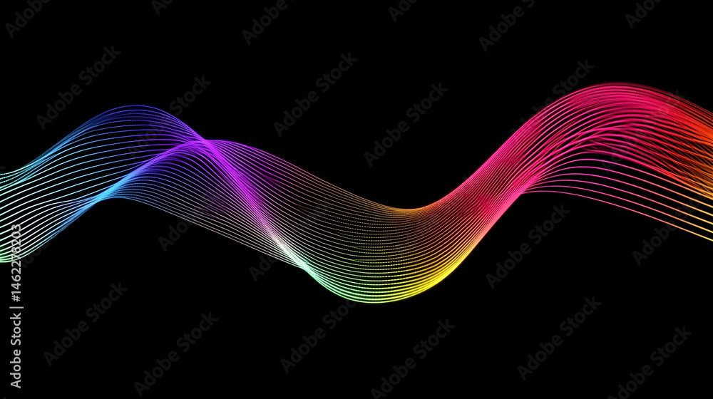 Striking abstract illustration featuring a series of bright, colorful waves on a black backdrop. Striking abstract illustration featuring a series of bright, colorful waves on a black backdrop.