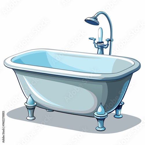 A high-quality vector illustration of a modern freestanding bathtub with smooth white surface and chrome faucet, isolated on white background
