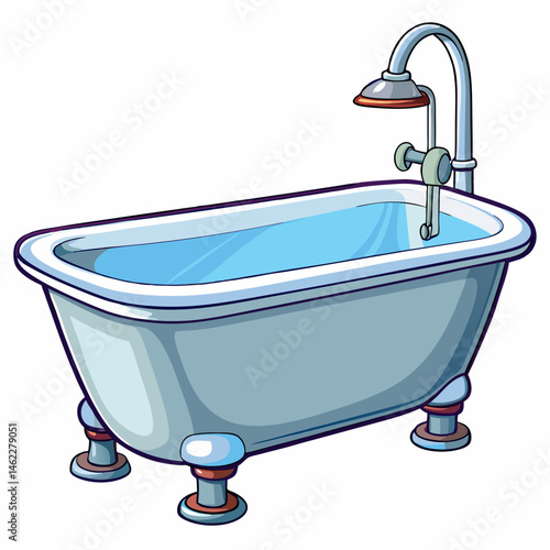 A high-quality vector illustration of a modern freestanding bathtub with smooth white surface and chrome faucet, isolated on white background