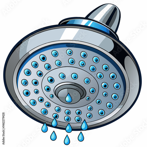 A realistic vector of a round stainless steel showerhead with water droplets, isolated on white background