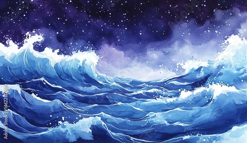 Watercolor Night Ocean Storm