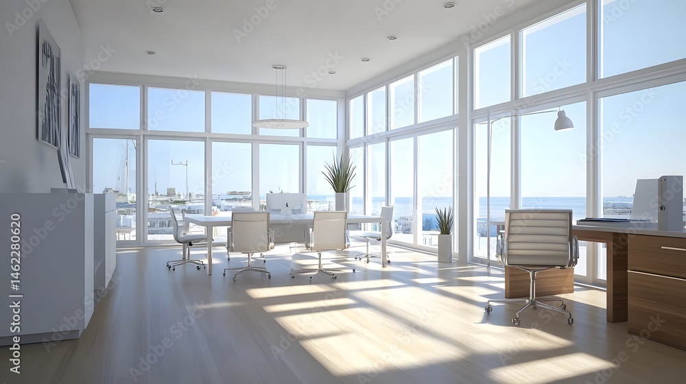 Fototapeta premium Bright, modern office interior with panoramic views.