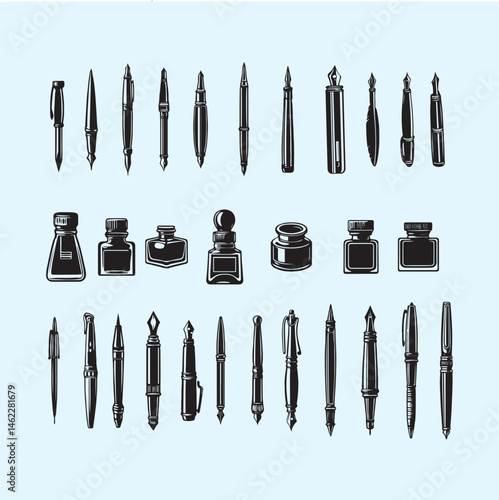 Black pen silhouette vector design featuring multiple pen types with sharp edges and no detail fill