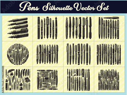 Set of various pen silhouettes in bold black fill with smooth vector paths and outline cut style