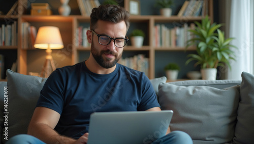Man in dark blue T-shirt and glasses sitting on couch looking intently at laptop screen