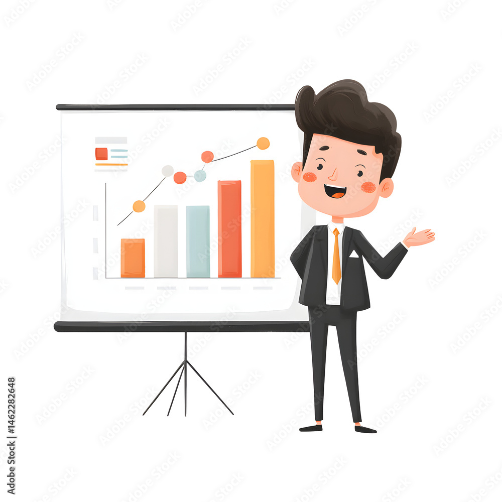 Cartoon businessman presenting upward trending bar graph. Ideal for business, education, or finance content. Cartoon businessman presenting upward trending bar graph. Ideal for business, education, or finance content.