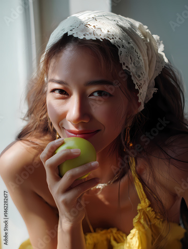 Wallpaper Mural Natural Beauty and Wellness: Close-Up of a Person with Delicate Features and a Flower Clip in Her Hair, Holding a Crisp Green Apple, Reflected in a Studio-Style Portrait with Dramatic Natural Lighting Torontodigital.ca
