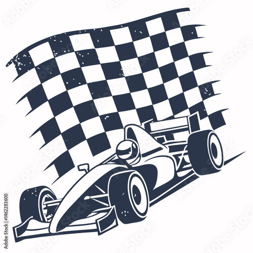 Grunge-style race car silhouette with checkered flag background, perfect for motorsport-themed digital art or apparel.