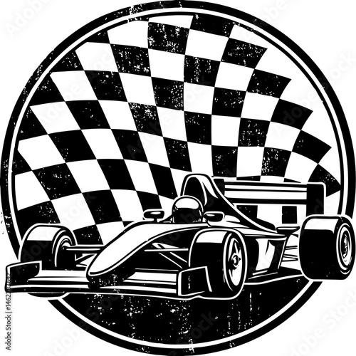 Grunge-style race car silhouette with checkered flag background, perfect for motorsport-themed digital art or apparel.