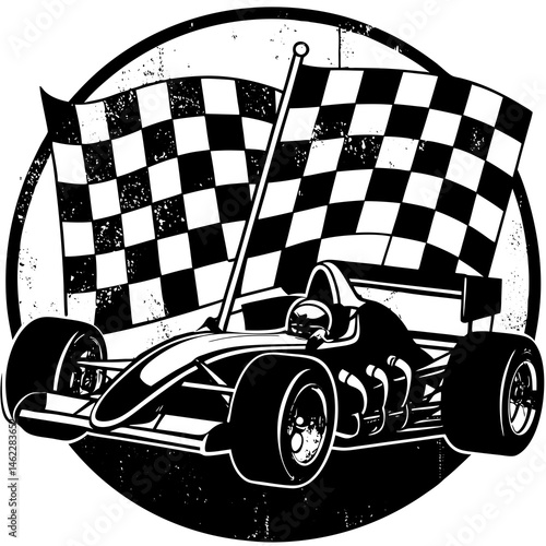 Grunge-style race car silhouette with checkered flag background, perfect for motorsport-themed digital art or apparel.