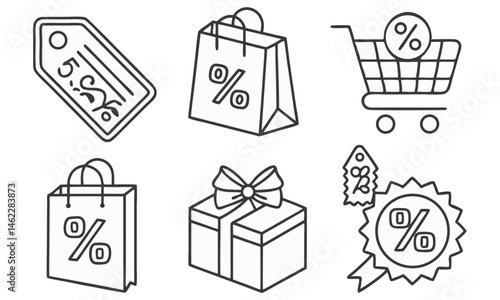 Shopping icons, line art, discount symbols, price tag, shopping bag, gift box, shopping cart, percentage sign, simple black and white illustrations, e-commerce graphics, retail symbols, vector style, 