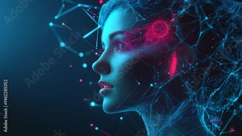 AI Futuristic Woman Face with Digital Neural Network Connections Concept