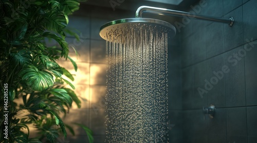 Modern shower head, tropical plants