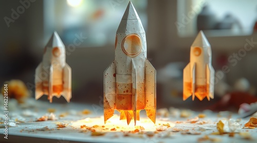 An origami rocket unfolding in stop-motion sequence, each frame showing progressive disassembly on a lightbox. Conceptual and educational.