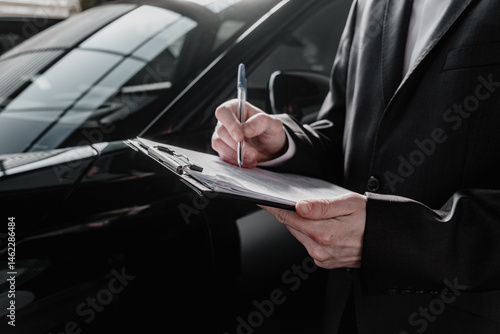 A car dealer standing and taking notes on a tablet, with a modern vehicle in the background. A professional scene focused on insurance paperwork and customer service in a sleek showroom.