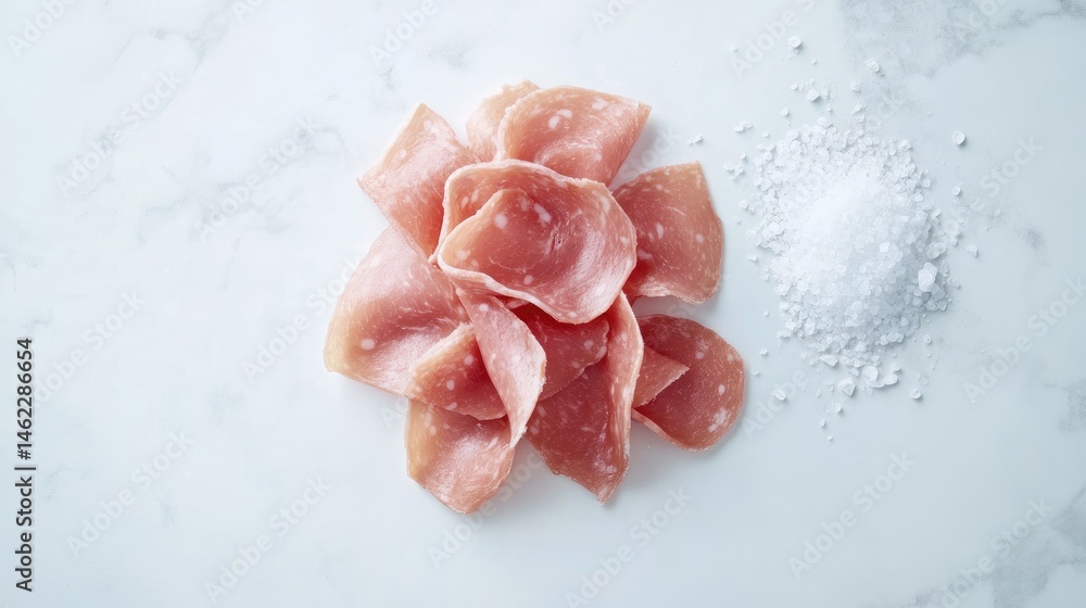 Fototapeta premium Freshly Sliced Prosciutto with Sea Salt on Marble Background